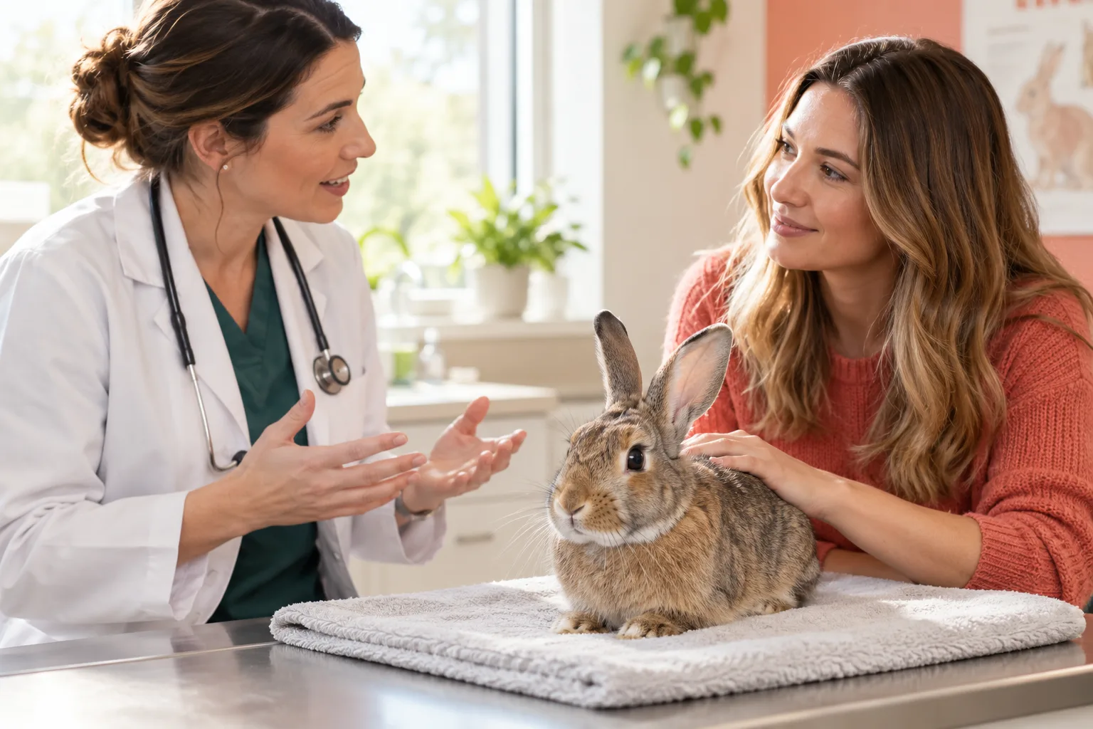 Rabbit on a towel while an owner and veterinary professional discuss care